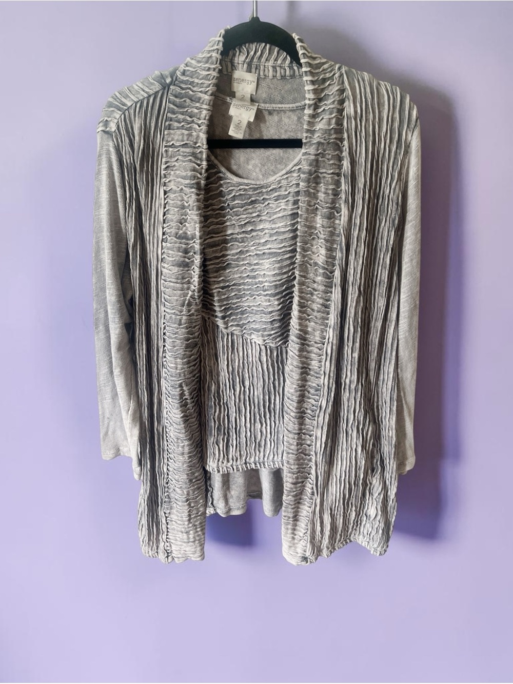 Zenergy by Chico's Light Gray Crinkled Open-Front Cardigan and tank set